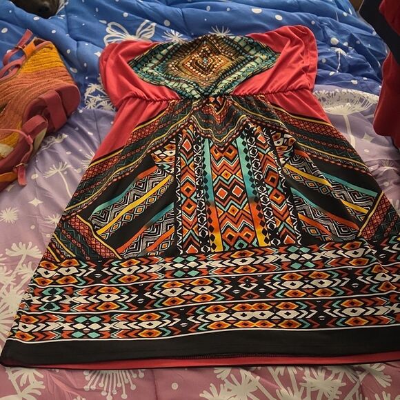 Bongo Multicolor Strapless Geometric Pullover Knee Length Sundress Women Size M - Picture 5 of 5